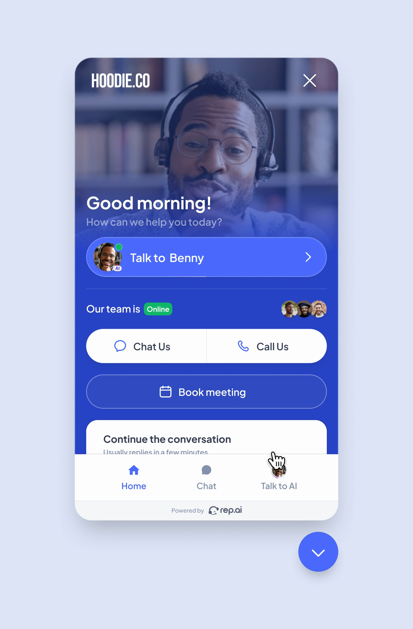 rep.ai mobile support flow animation